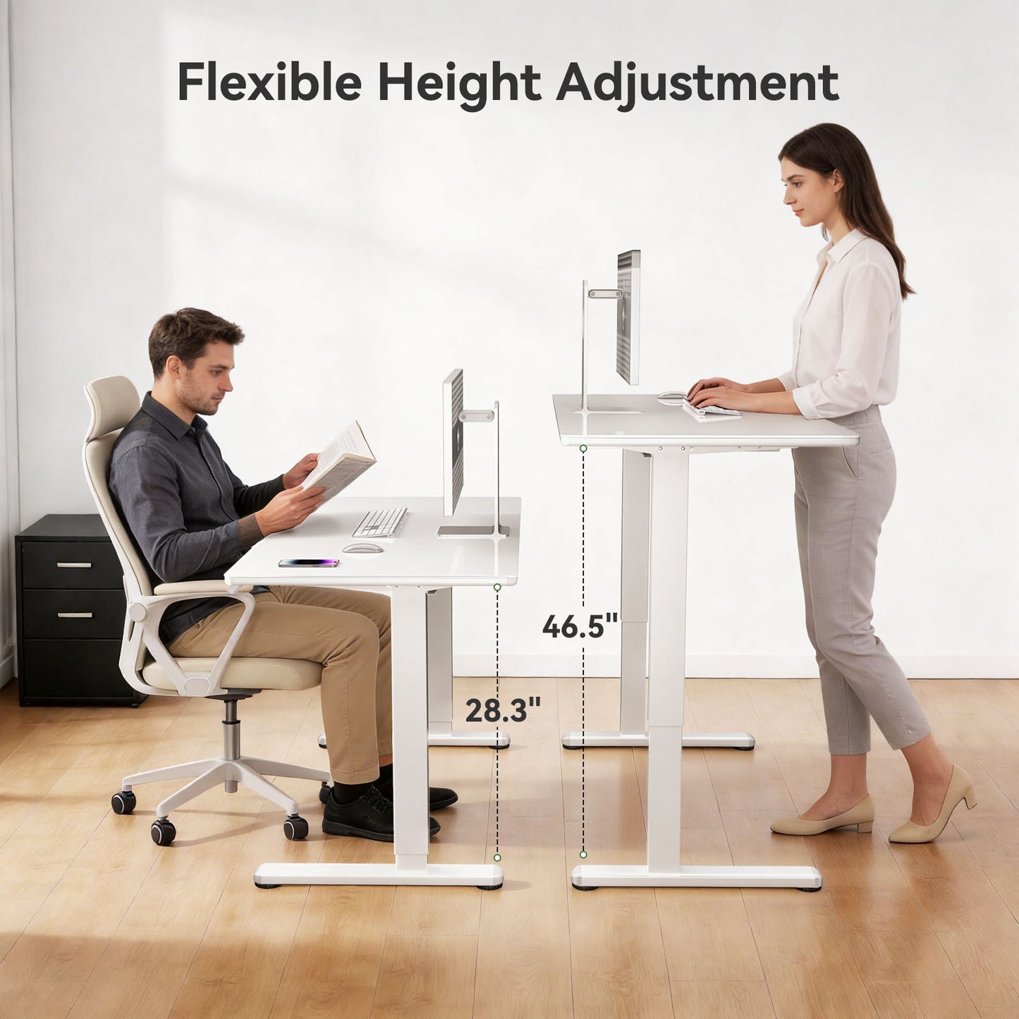 CHITOOMA Glass Top Electric Standing Desk with Drawer, 48" x 24" Height Adjustable Sit Stand Desk for Home Office, White