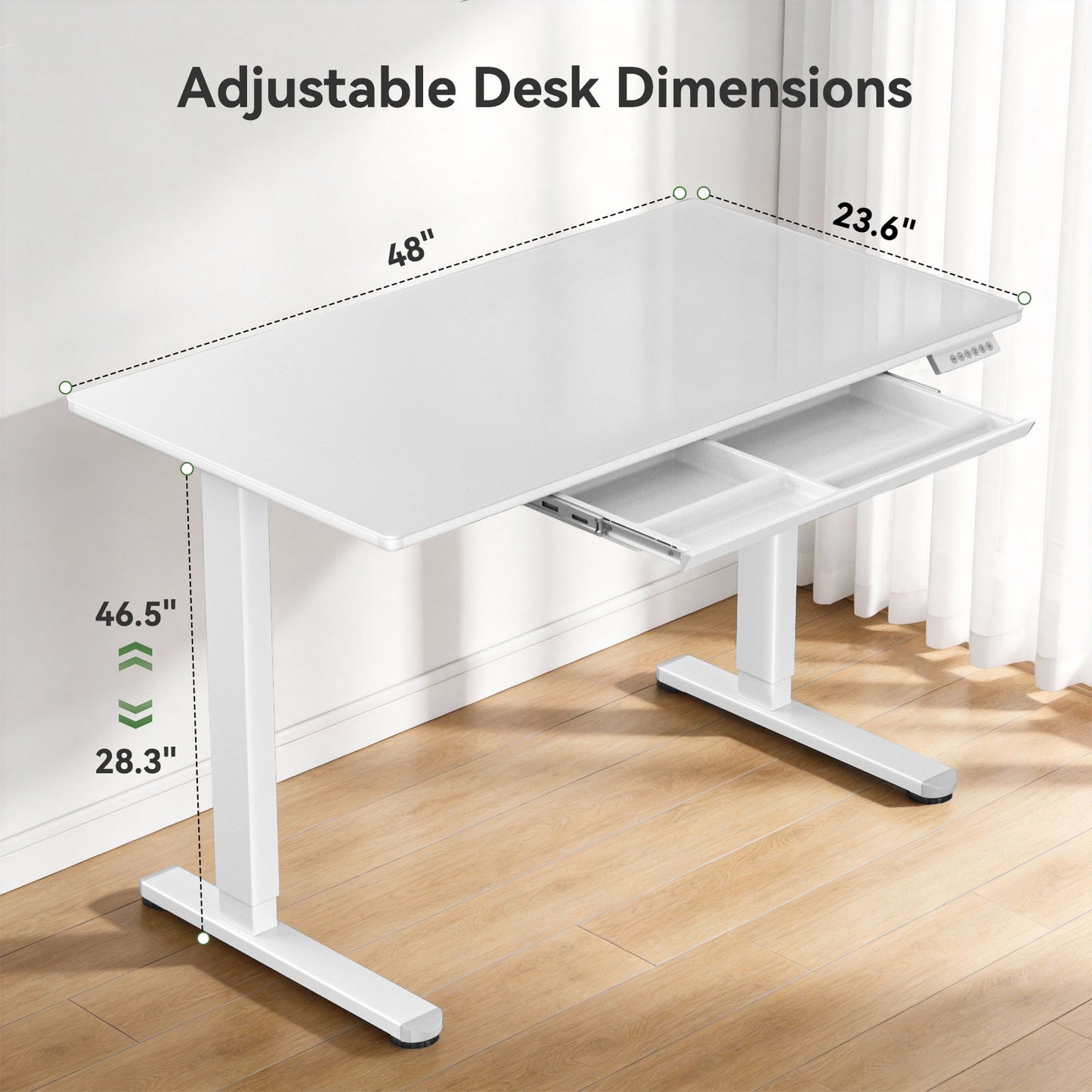 CHITOOMA Glass Top Electric Standing Desk with Drawer, 48" x 24" Height Adjustable Sit Stand Desk for Home Office, White