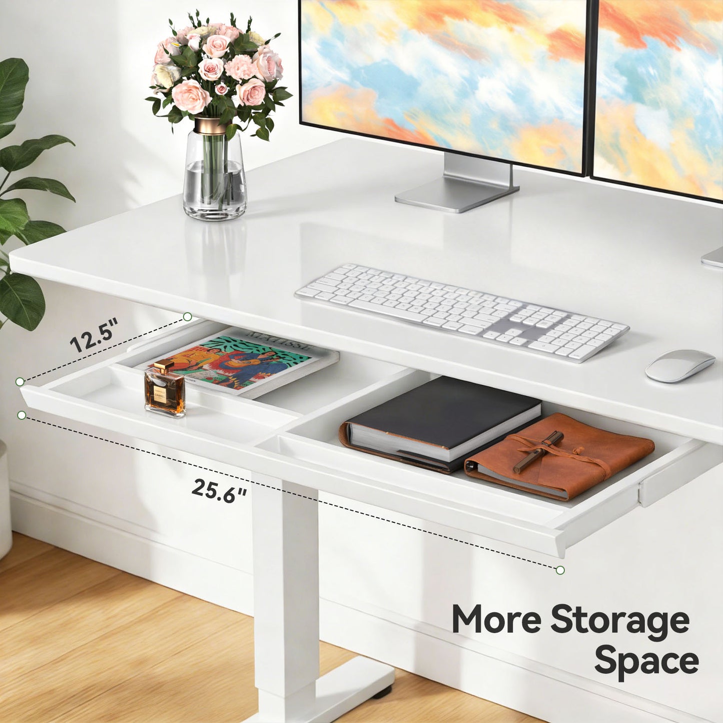 CHITOOMA Glass Top Electric Standing Desk with Drawer, 48" x 24" Height Adjustable Sit Stand Desk for Home Office, White
