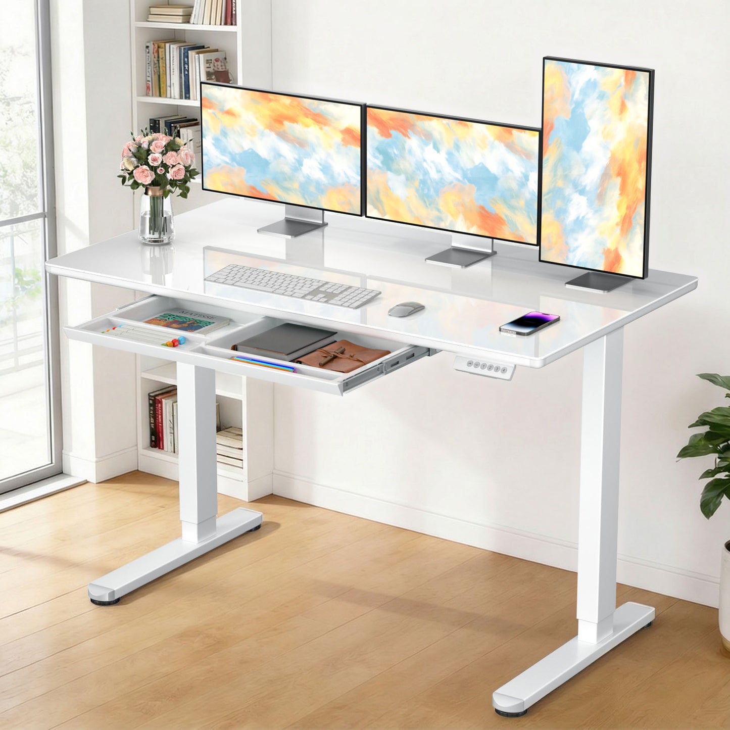 CHITOOMA Glass Top Electric Standing Desk with Drawer, 48" x 24" Height Adjustable Sit Stand Desk for Home Office, White