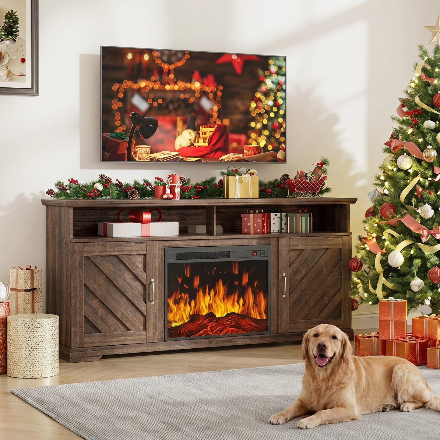 CHITOOMA Electric Fireplace TV Stand for 65 70 75 inch TV with Remote Control, Farmhouse Entertainment Center with 23″ Fireplace for Living Room, Bedroom,Vintage Brown