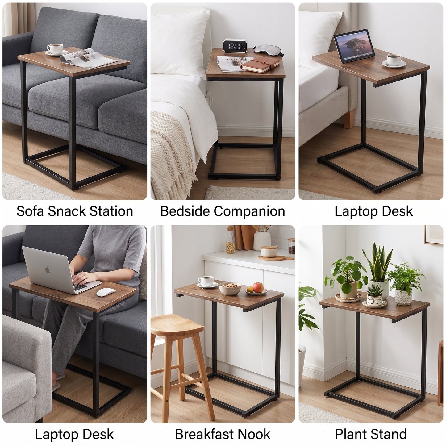 2 PCS C Shaped Sofa Side End Table，Side Table TV Tray Table for Sofa,Couch Table with metal frame for livingroom,Bedroom,Rustic Brown