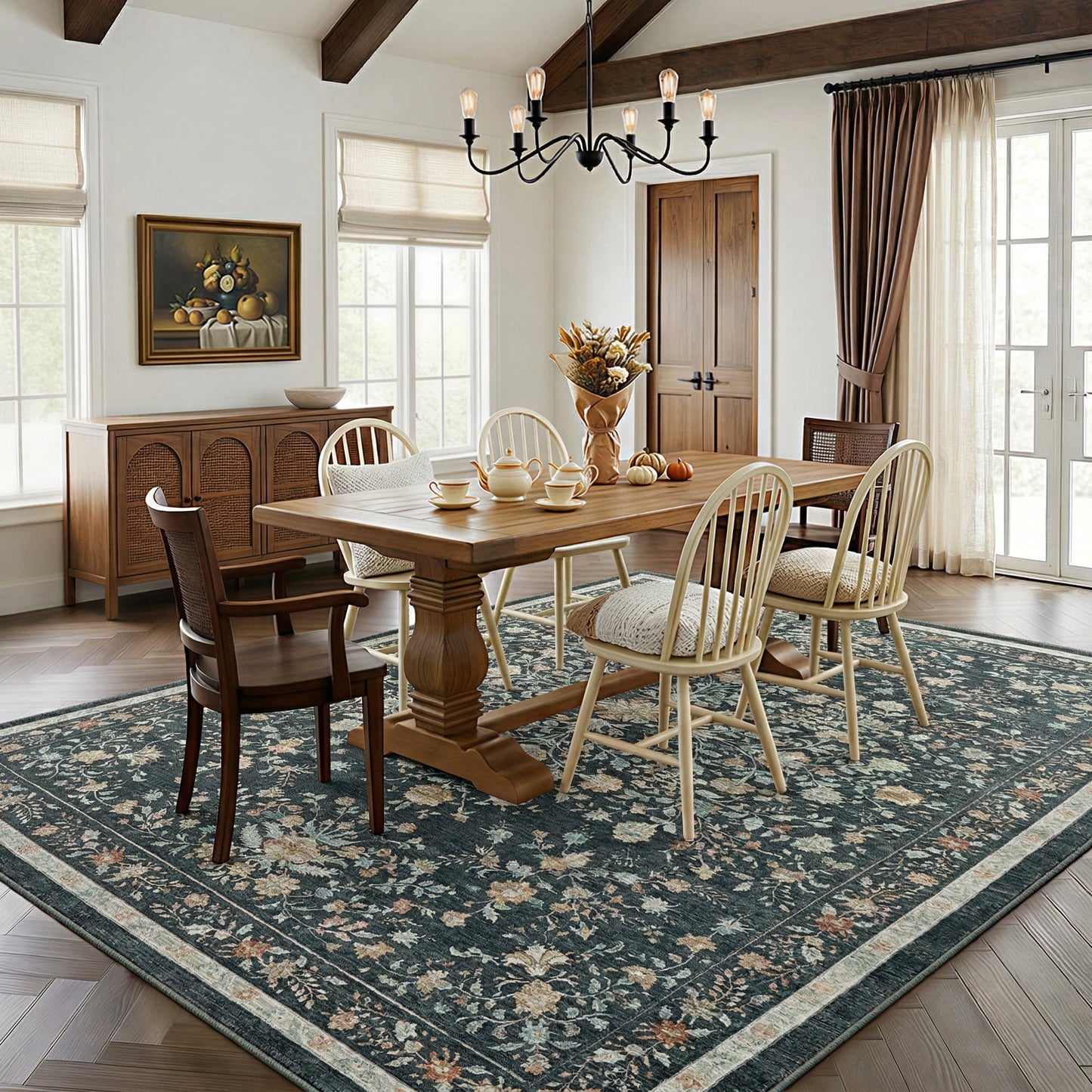 CHITOOMA 8'x10' Boho Area Rugs for Living Room, Machine Washable Floral Area Rug with Non-Slip Backing, Stain Resistant Non-Shed Carpet for Bedroom, Dining Room, Dorm, Office