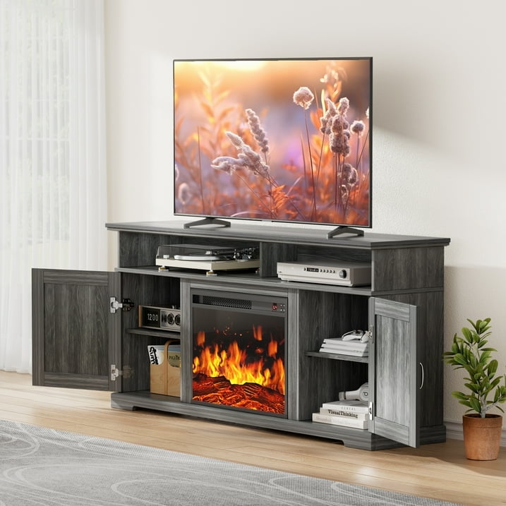 CHITOOMA Electric Fireplace TV Stand for 65 70 75 inch TV with Remote Control, Farmhouse Entertainment Center with 23″ Fireplace for Living Room, Bedroom,Gray