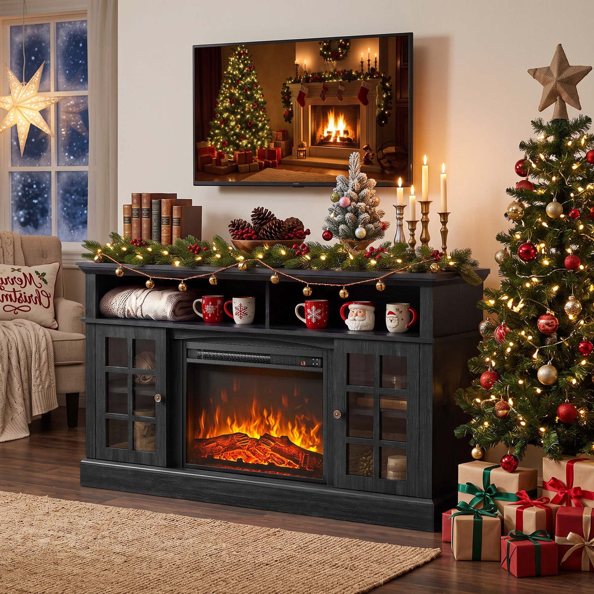 Electric Fireplace TV Stand for 75″ TVs Fireplace Entertainment Center TV Console Table with 23″ Fireplace, Holds up to 200 lbs