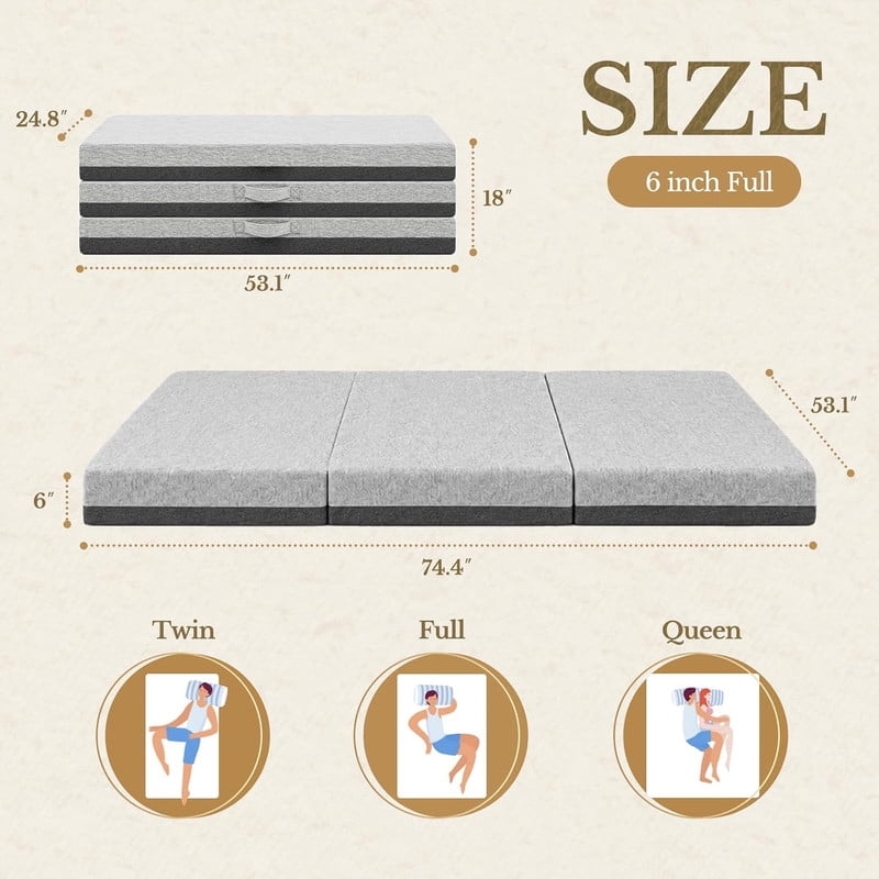 6 Inch Tri-Fold Memory Foam Mattress, Full Size Folding Mattress with Washable Removable Cover, Non-Slip Bottom & Carry Handles, Portable Foldable Guest Bed for Camping, Travel, Yoga, Gray