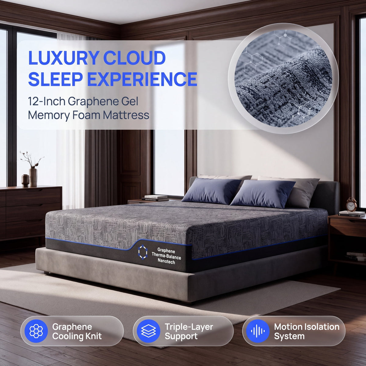 CHITOOMA 12" Queen Memory Foam Mattress,Gel-Infused Triple Layer Mattress with Graphene Cooling Cover,Medium Firm Bed Mattress for Pressure Relief & Motion Isolation,Dark Gray