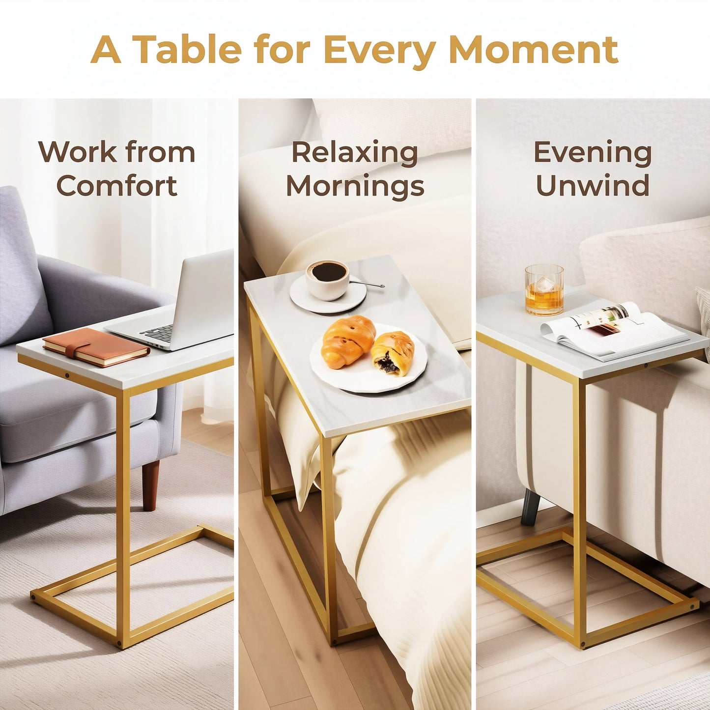 C Shaped End Table, Vintage Side Table for Couch, Laptop, Coffee, Snack, Sofa Side End Table C Shape for Living Room, 27"(H) x 19.7"(W) x 12.6"(D), Marble