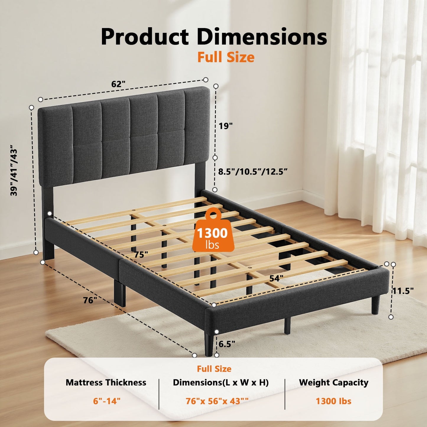 CHITOOMA Twin Bed Frame with Adjustable Headboard, Upholstered Platform Bed Frame Twin Size No Box Spring Needed, Noise-Free, Heavy Duty, Dark Grey