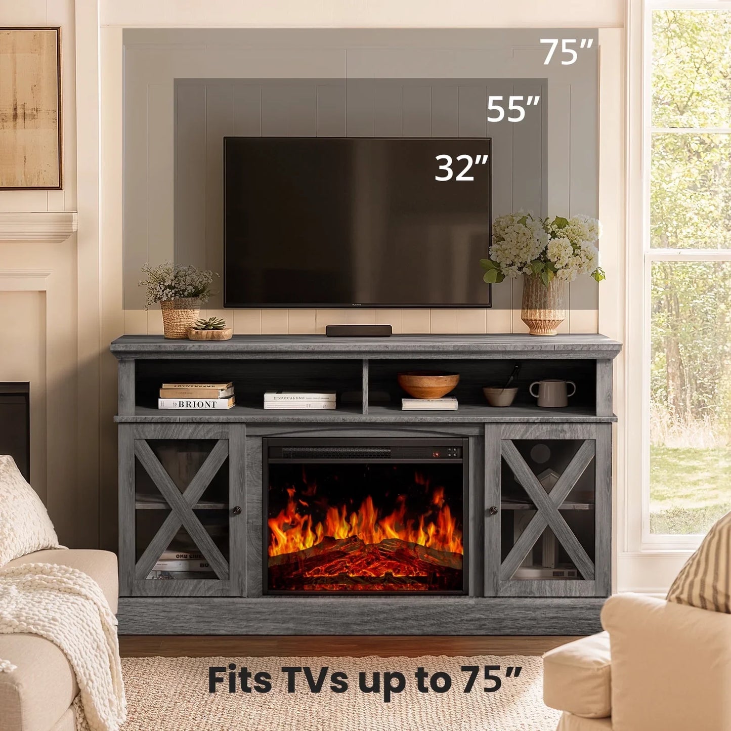 Electric Fireplace TV Stand for 75 inch TVs Farmhouse TV Console with 23″ Fireplace, Gray