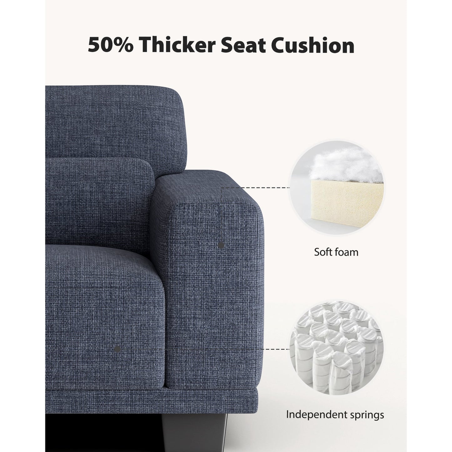 CHITOOMA 89" 3-Seater Sofa for Living Room, Deep Seat Modern Couch with 3 Pillows, Linen Fabric, Removable Covers, Wide Armrests & Steel Frame, Blue