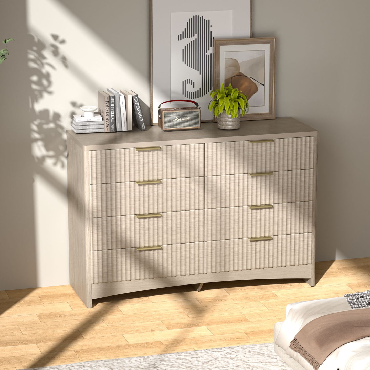 CHITOOMA Modern 8 Drawer Dresser for Bedroom, Extra Large Fluted Wood Chest with Gold Handles, Wide Storage Organizer Cabinet, Natural