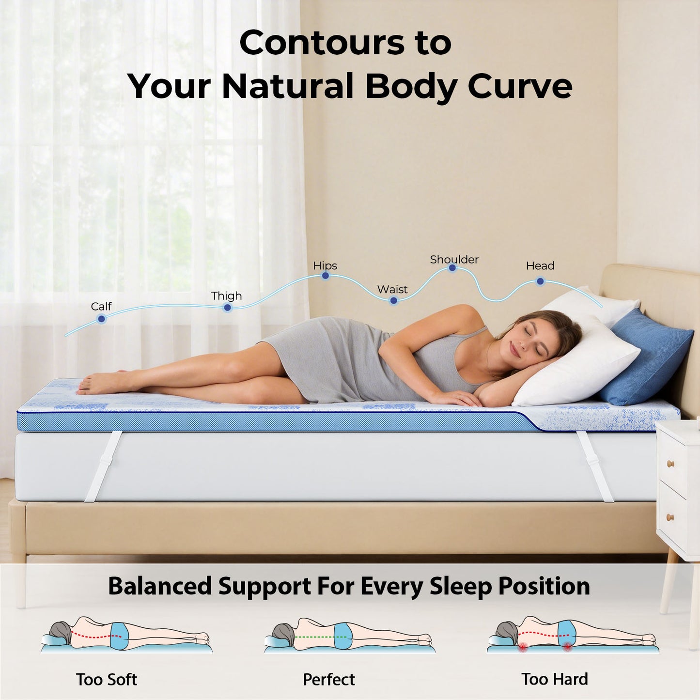 CHITOOMA 3 Inch Queen Mattress Topper,Medium-Firm Support Gel Memory Foam Topper with Removable Cooling Cover,Pressure Relief Bed Topper, CertiPUR-US Certified Foam