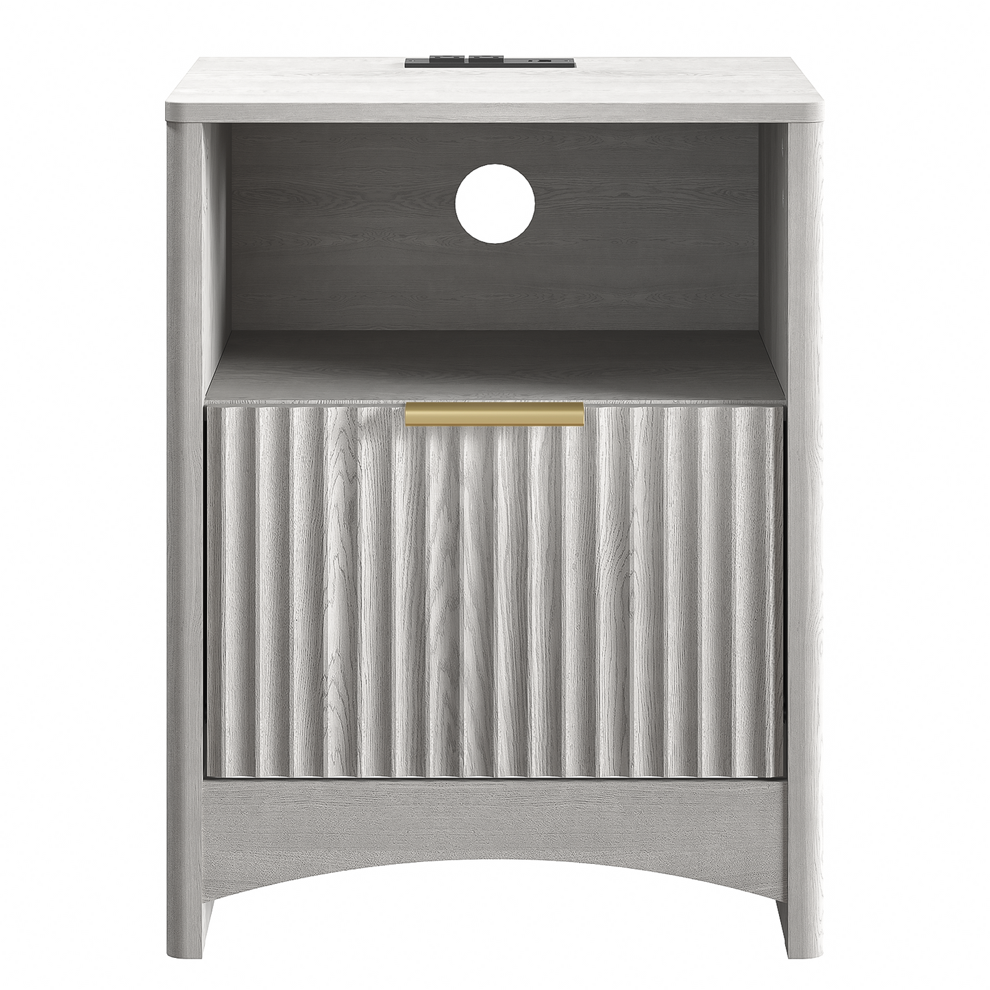 CHITOOMA Fluted Nightstand with Charging Station, Wood Bedside Table with Drawer & Open Shelf, Small End Table for Bedroom Living Room, Gray