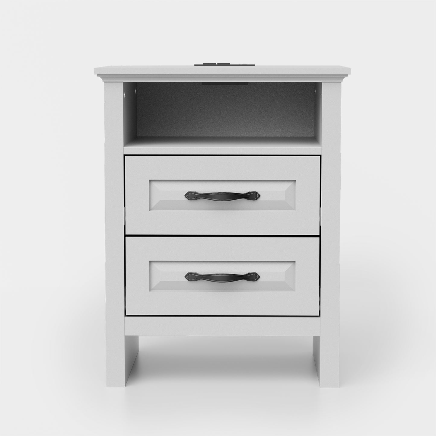 CHITOOMA 2-Drawer Nightstand with Charging Station, Wood Bedside Table with Open Shelf, Small End Table for Bedroom Living Room, White