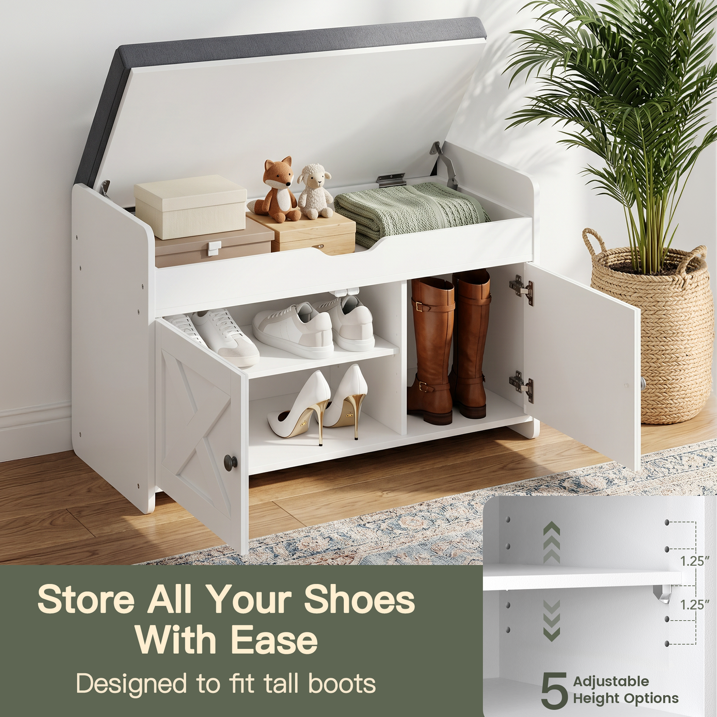 CHITOOMA Shoe Storage Bench, 2-Tier with Cushioned Seat, Adjustable Shelves, 300 lbs Capacity, 31.5" x 15" x 18", White