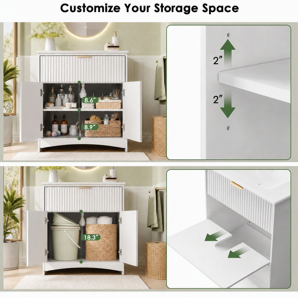30 Inch Bathroom Vanity with Ceramic Sink, Freestanding Bathroom Cabinet with U-Shaped Drawer and Adjustable Shelf, Modern Fluted Vanity Set, White