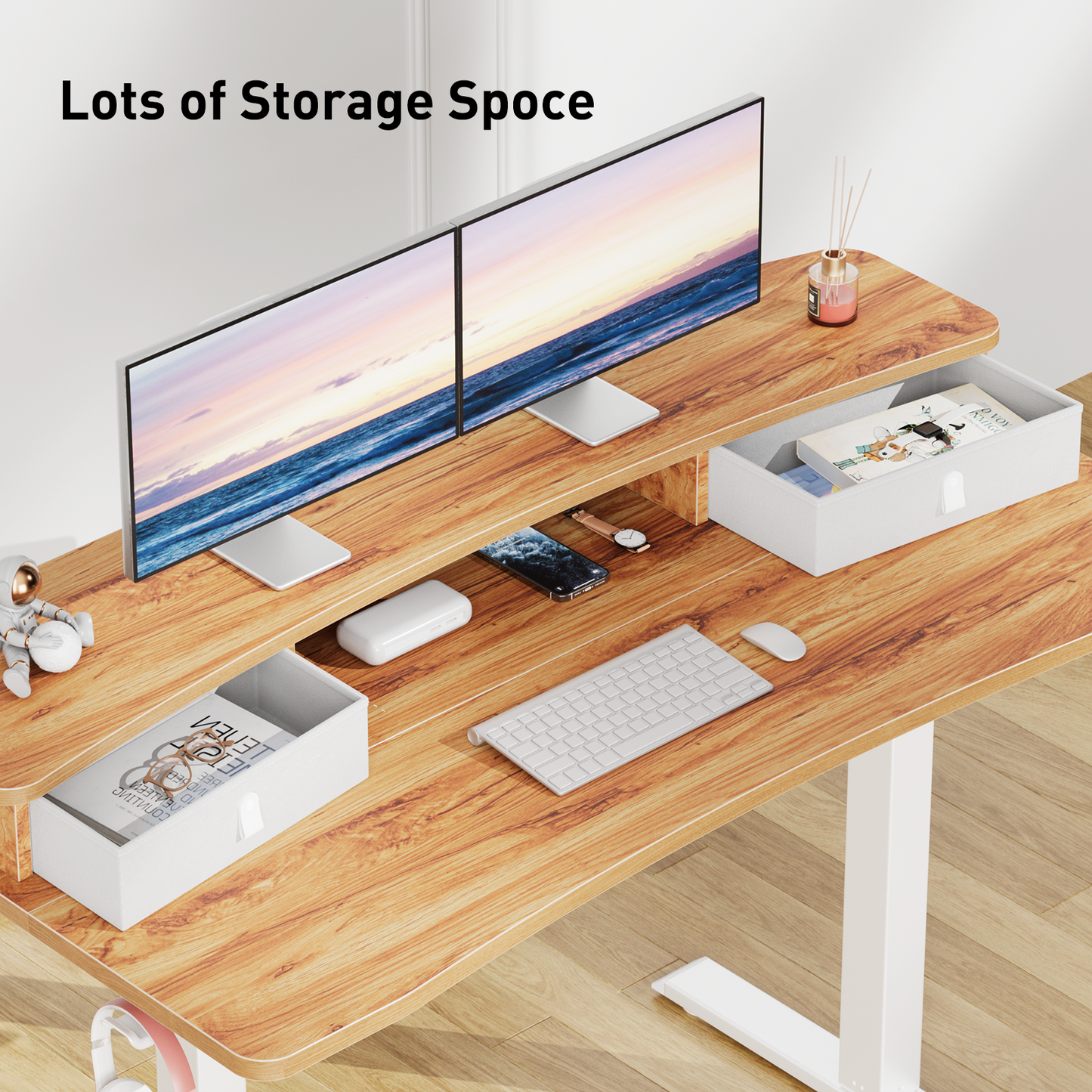 CHITOOMA 48″ x 24″ Electric Standing Desk with 2 Drawers, C-Clamp Mount Compatible, Height Adjustable Computer Desk, Home Office Stand Up Desk with 4 Preset Heights & 2 Hooks, Light Vintage