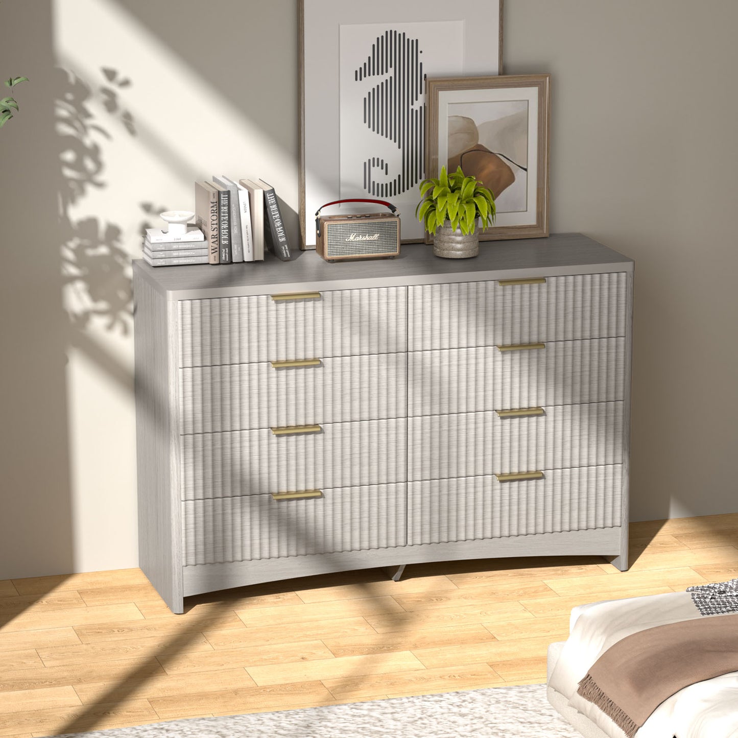 CHITOOMA Modern 8 Drawer Dresser for Bedroom, Extra Large Fluted Wood Chest with Gold Handles, Wide Storage Organizer Cabinet, Gray