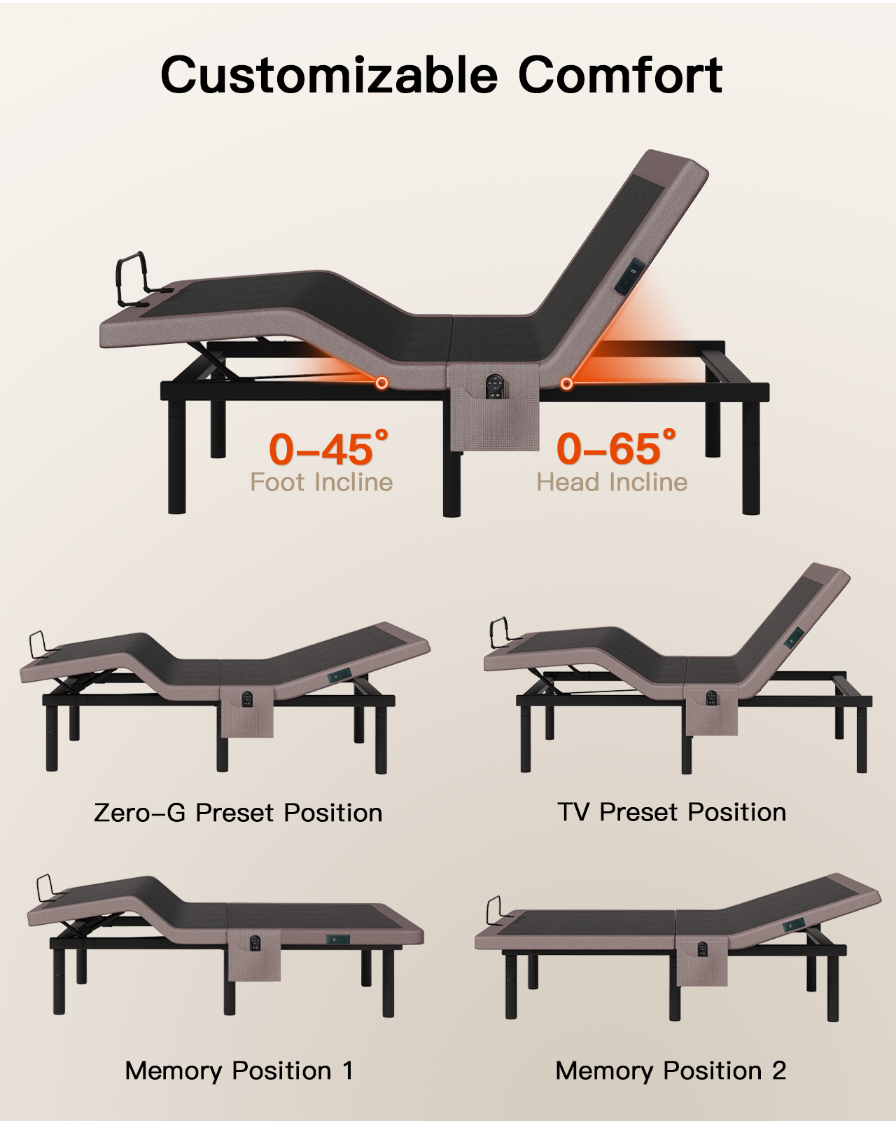 CHITOOMA Split King Adjustable Massage Bed Frame + 14" Gel Memory Foam Mattress, Zero-Clearance Electric Bed with Wireless Remote, Graphene Fabric Cover, Pressure Relief, Mattress in a Box
