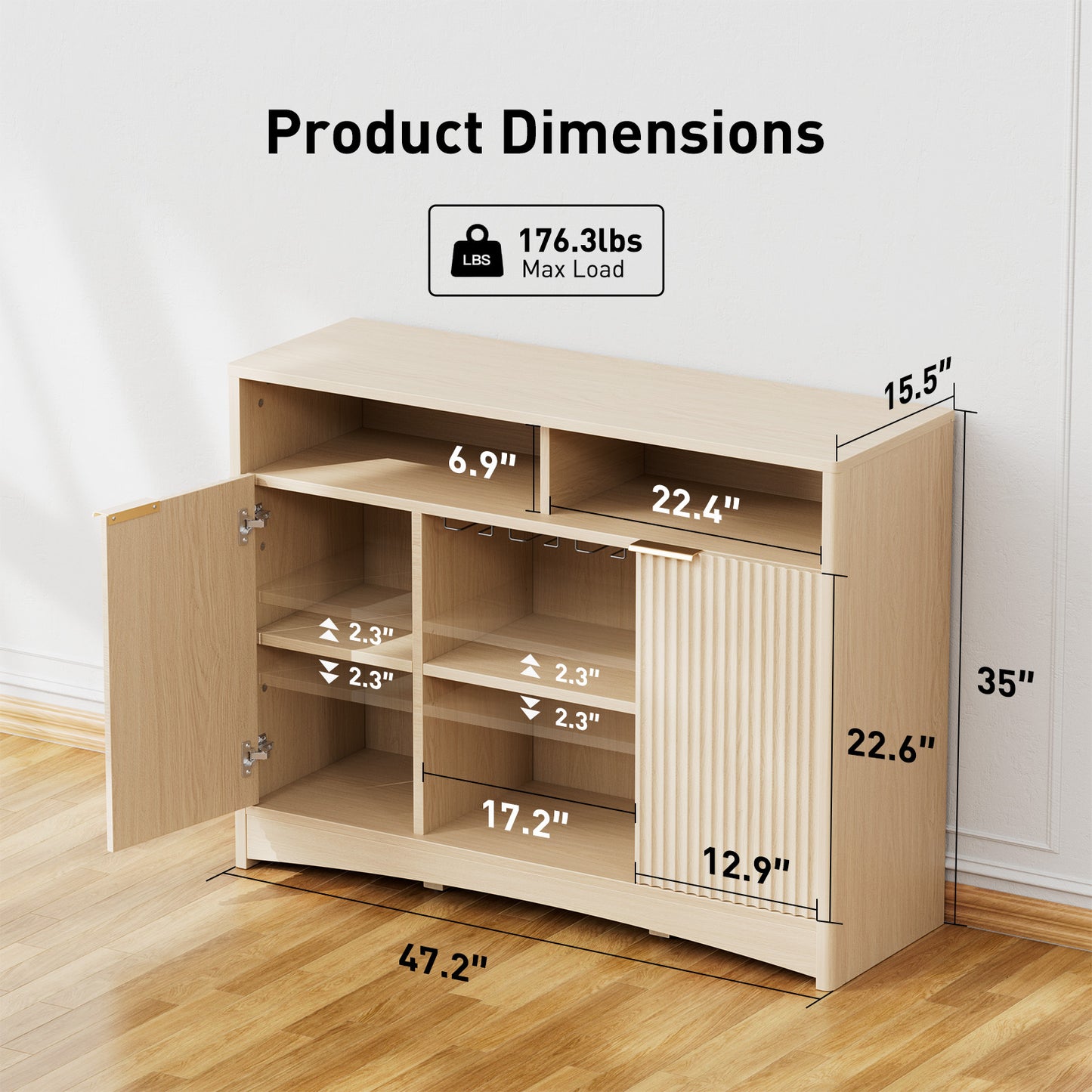 CHITOOMA Modern Coffee Bar Cabinet with Wine Glass Rack, Fluted Buffet Sideboard with Adjustable Storage Shelves and Doors, Liquor Bar Table for Dining Room or Living Room, Natural