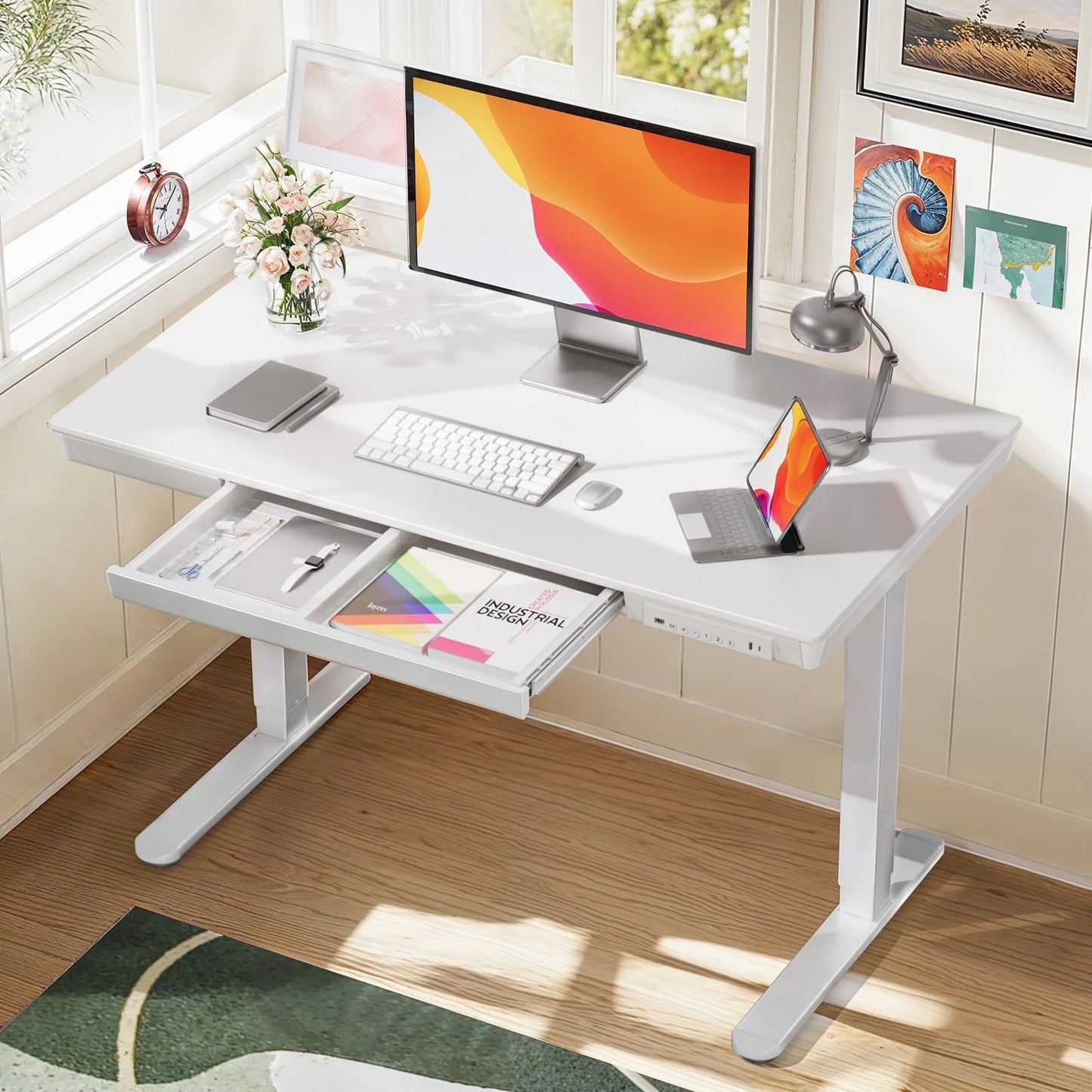 CHITOOMA Electric Standing Desk with Drawer, One Piece Tabletop 48" x 24" Height Adjustable Office Desk with USB Charging Ports, Sit to Stand Desk for Home, White