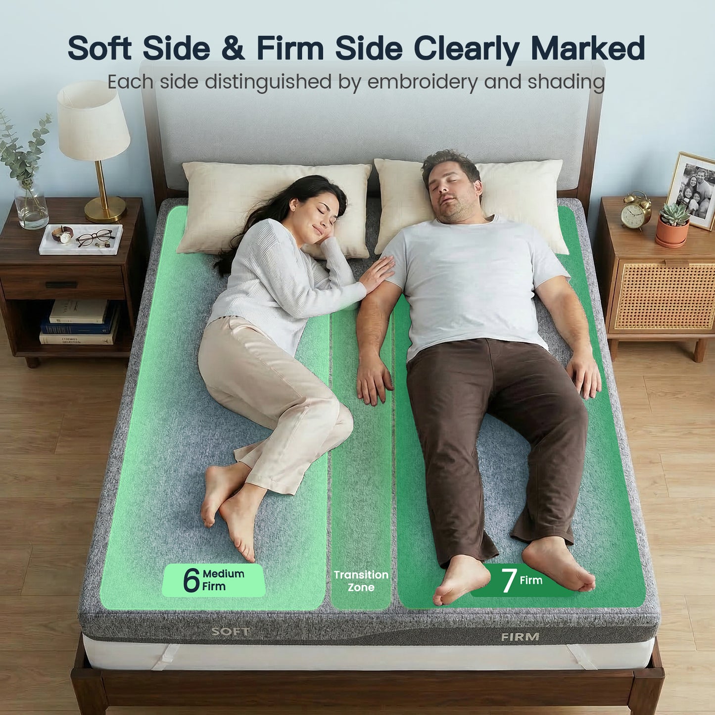 CHITOOMA 3 Inch Dual Firmness King Memory Foam Mattress Topper with Split Soft & Firm Zones, Gel Infused Foam Mattress Topper for Pressure Relief, CertiPUR-US