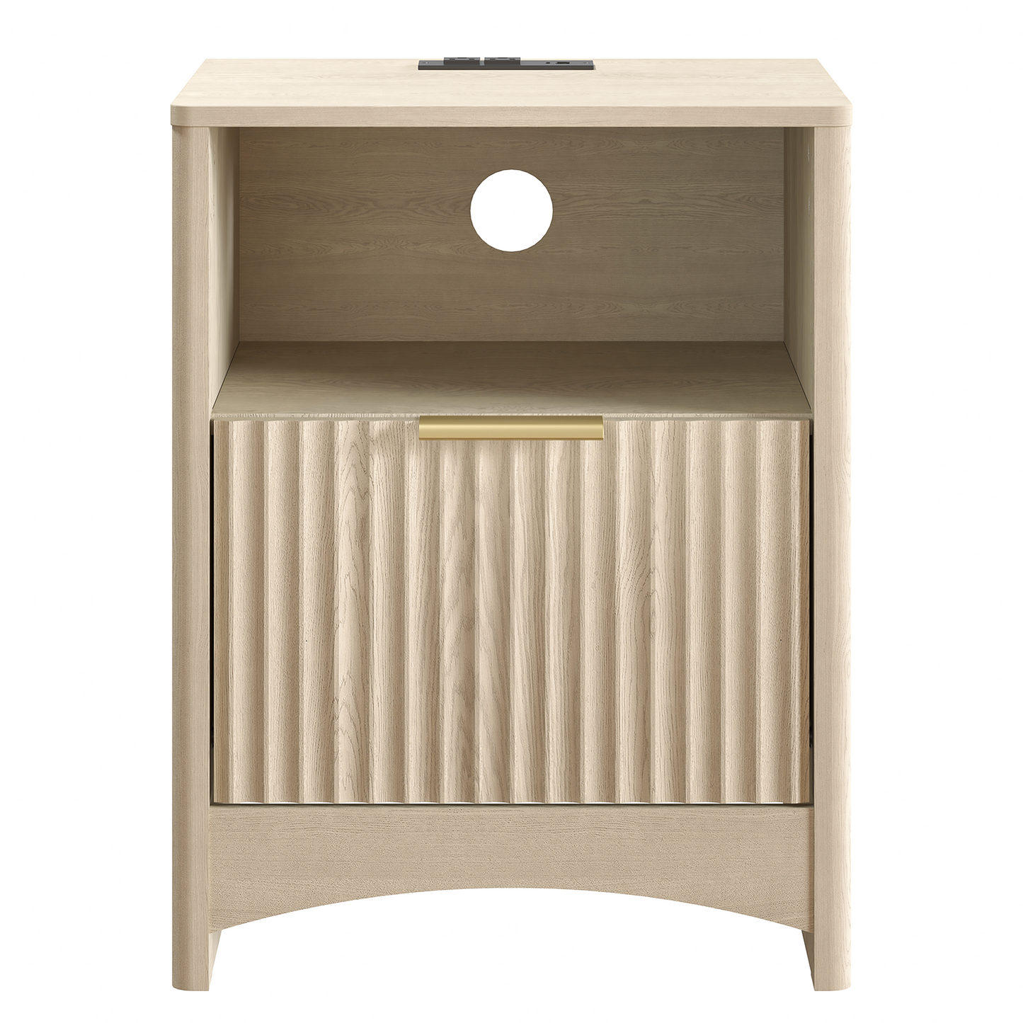 CHITOOMA Fluted Nightstand Set of 2 with Charging Station, Wood Bedside Table with Drawer & Open Shelf, Small End Table for Bedroom Living Room, Natural