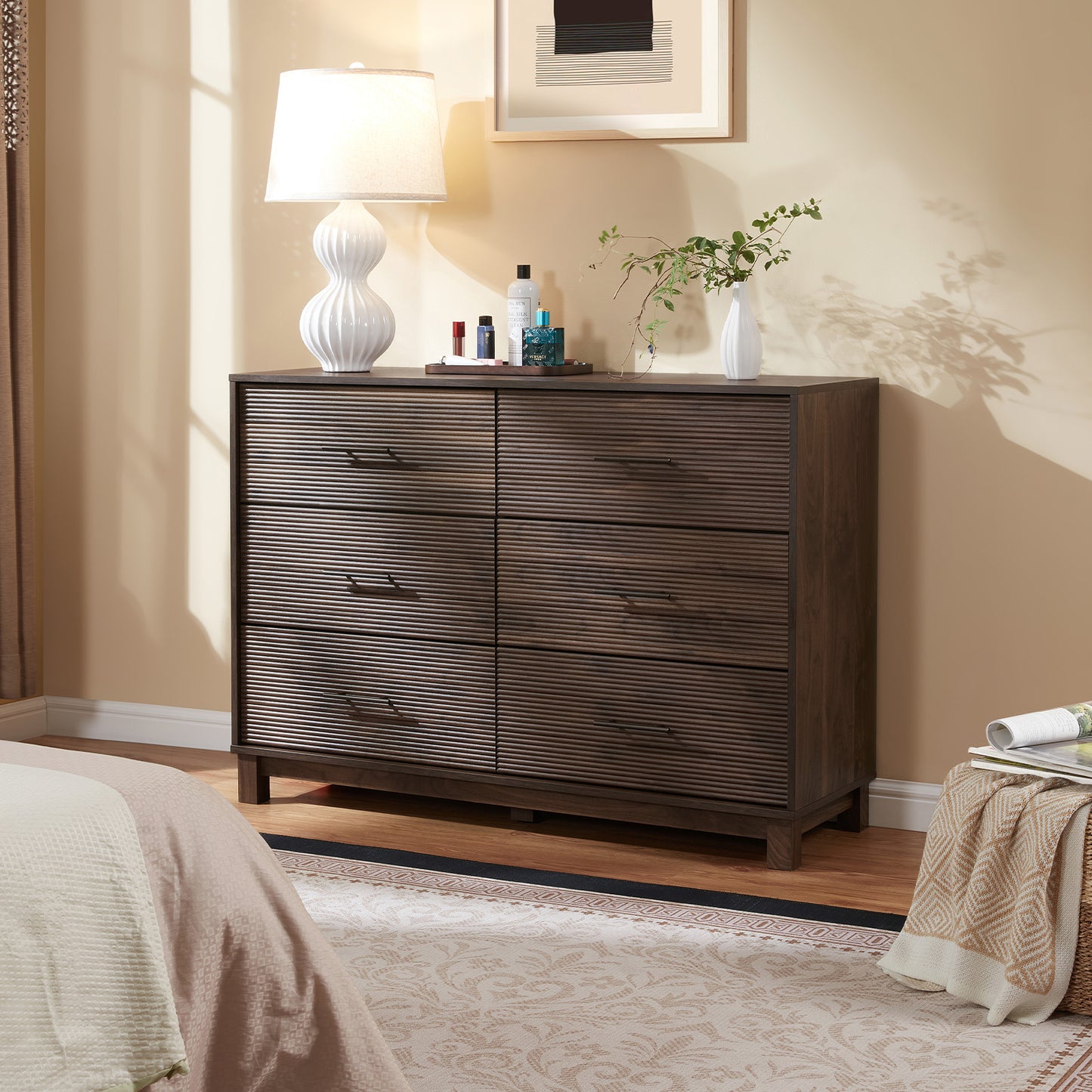 CHITOOMA 6 Drawer Fluted Dresser for Bedroom, Modern Wooden Long Dresser, Storage Cabine Chest of Drawers for Living Room Hallway, Walnut