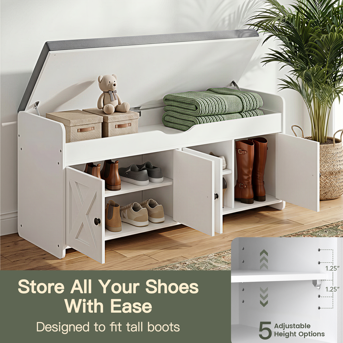 CHITOOMA Shoe Storage Bench, 2-Tier with Cushioned Seat, Adjustable Shelves, 300 lbs Capacity, 47.2" x 15" x 18", White