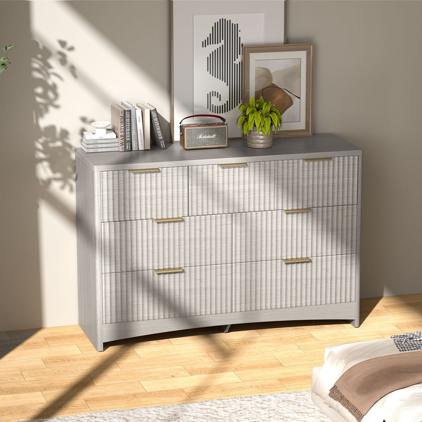CHITOOMA Modern 7 Drawer Dresser, Wide Fluted Wood Storage Cabinet with Gold Handles, Chest of Drawers for Bedroom or Living Room, Gray