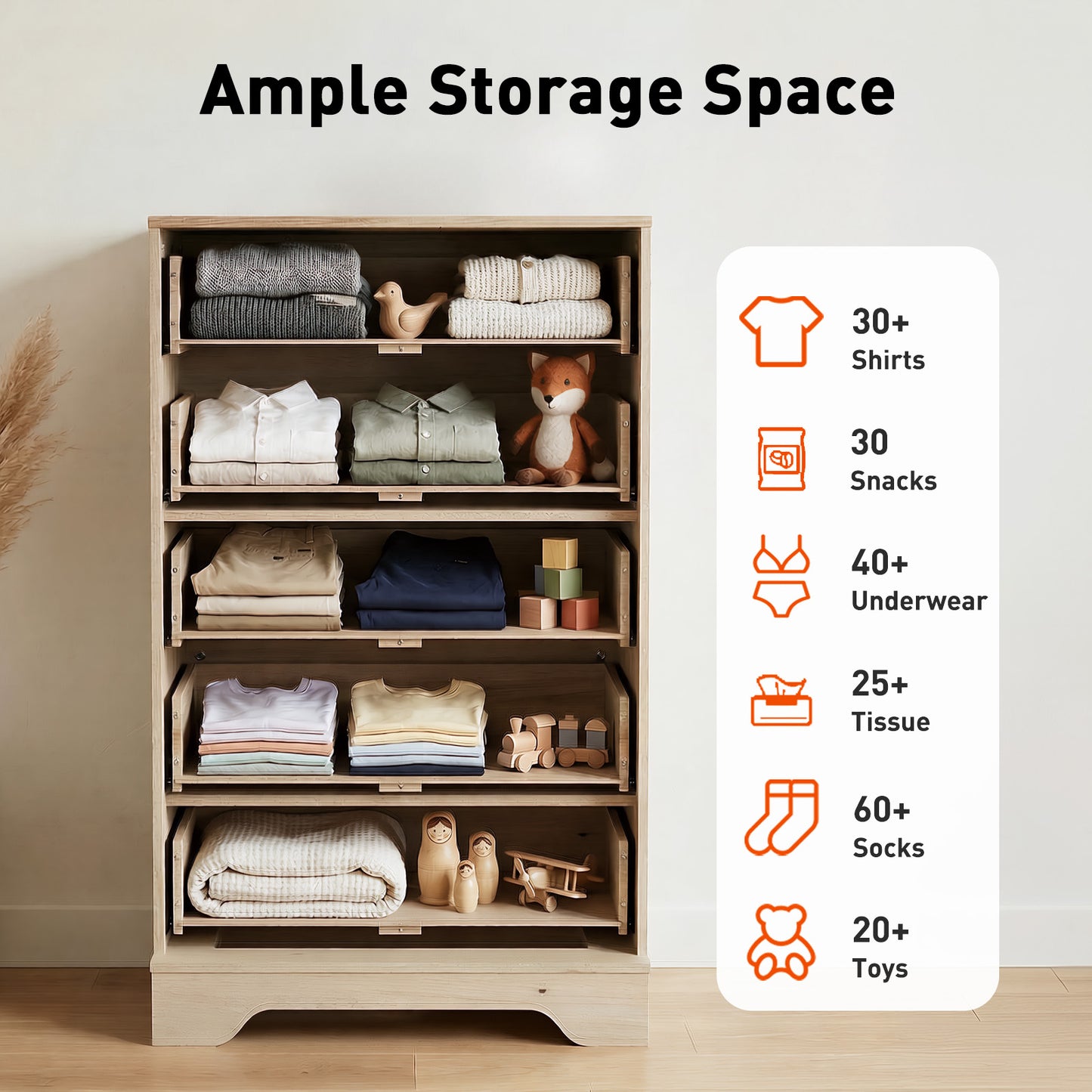 CHITOOMA Fluted Dresser for Bedroom, Modern Wooden 5 Drawer Tall Dresser, Chest of Drawers, Storage Cabine Living Room Hallway, Natural
