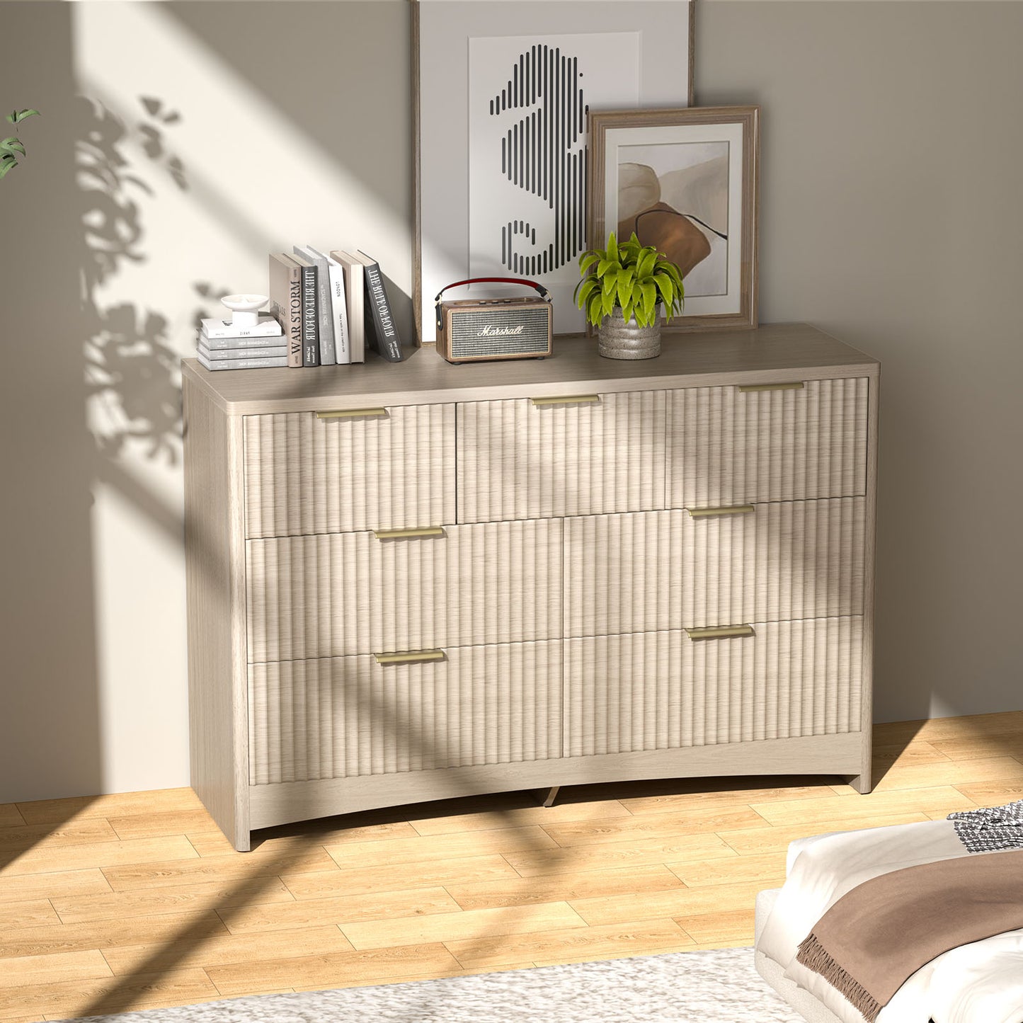 CHITOOMA Modern 7 Drawer Dresser, Wide Fluted Wood Storage Cabinet with Gold Handles, Chest of Drawers for Bedroom or Living Room, Natural