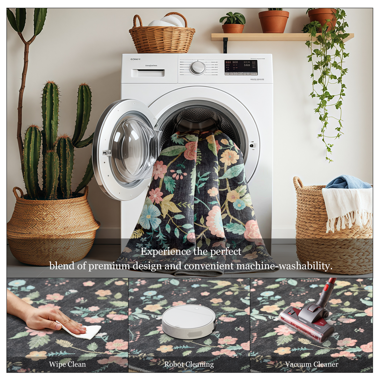CHITOOMA 3'x5' Boho Area Rugs for Living Room, Machine Washable Stain Resistant Non-Shed Carpet, Floral Area Rug with Non-Slip Backing for Bedroom, Dining Room, Dorm, Office