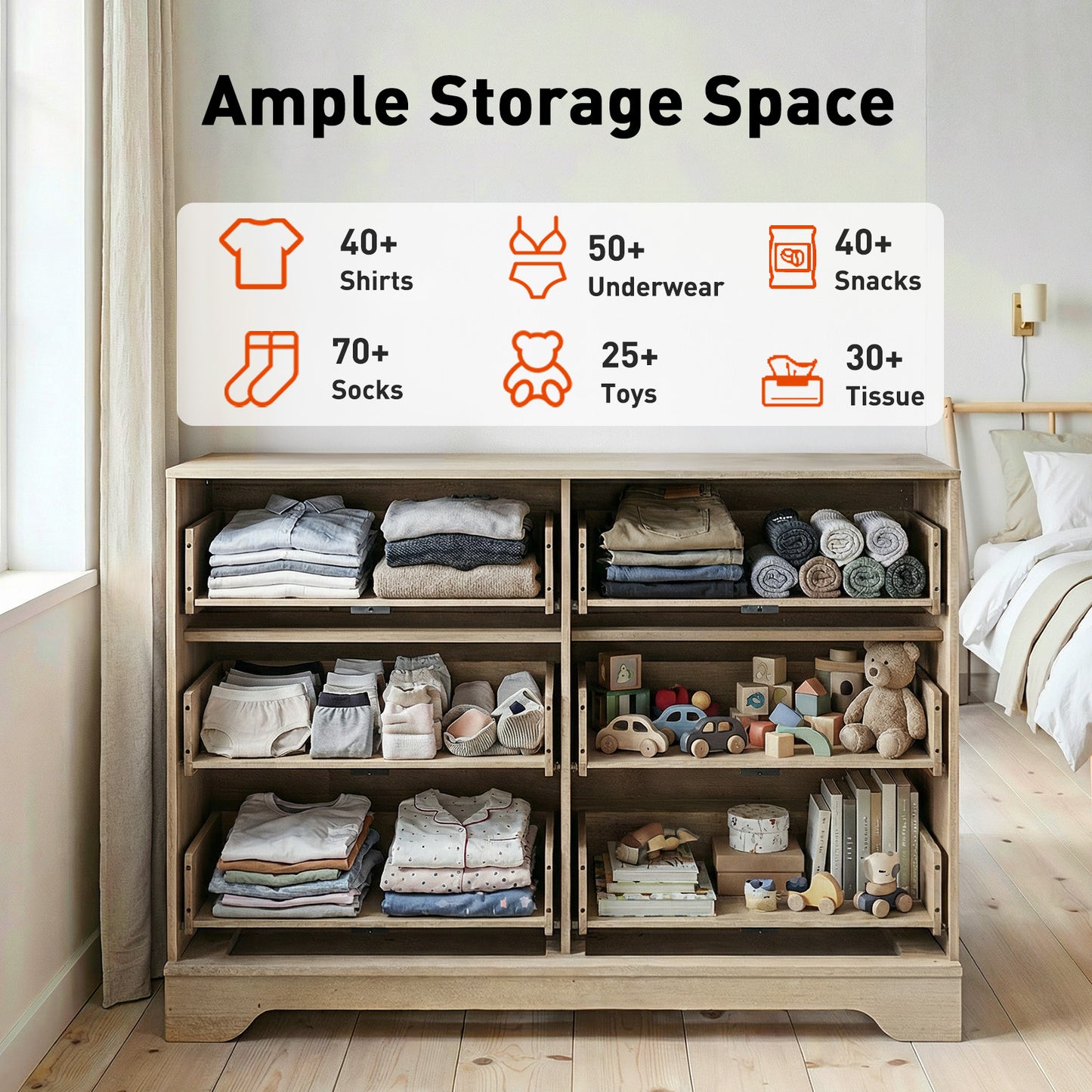 CHITOOMA 6 Drawer Fluted Dresser for Bedroom, Modern Wooden Long Dresser, Storage Cabine Chest of Drawers for Living Room Hallway, Natural