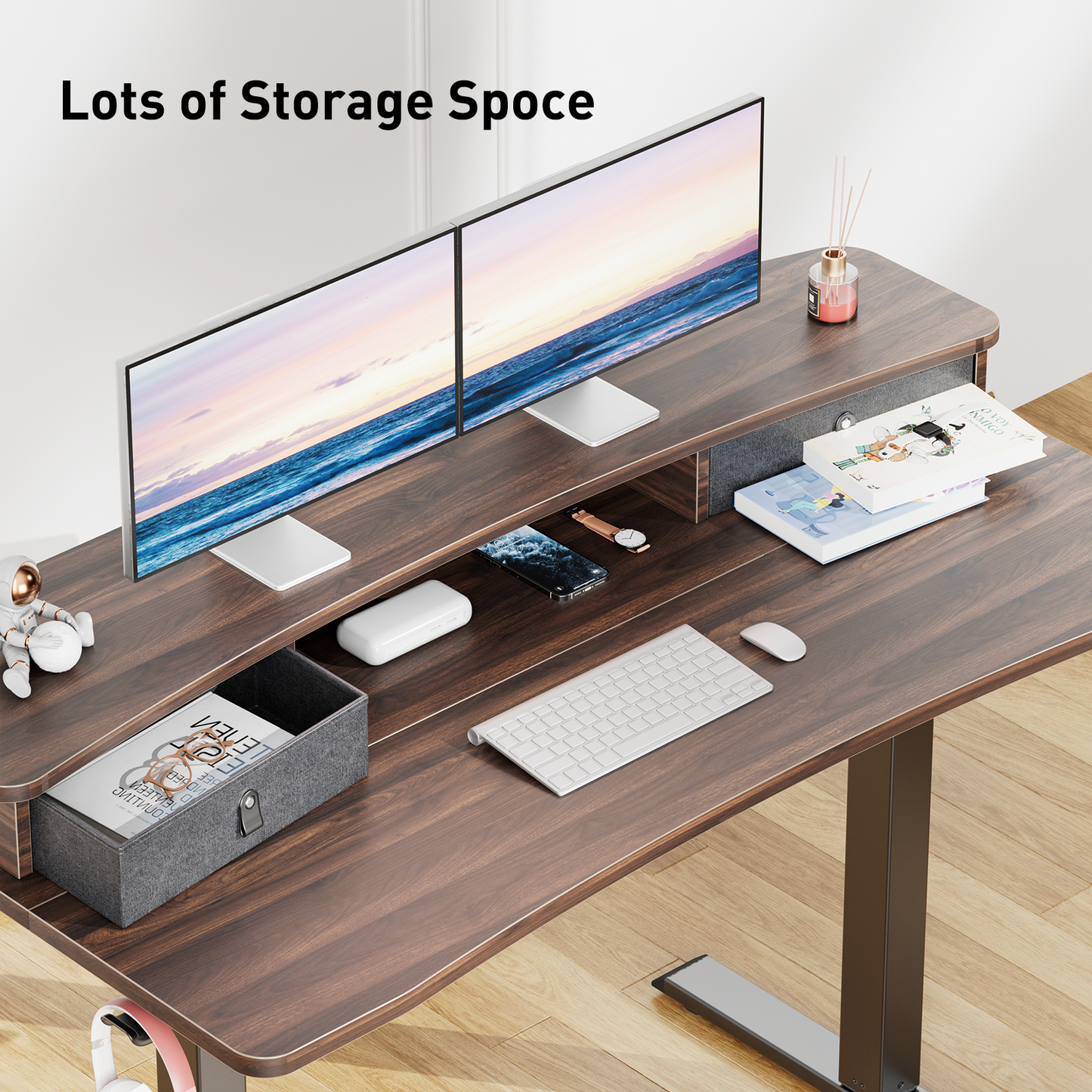 CHITOOMA 55″ x 26″ Electric Standing Desk with 2 Drawers, C-Clamp Mount Compatible, Height Adjustable Computer Desk, Home Office Stand Up Desk with 4 Preset Heights & 2 Hooks,Walnut