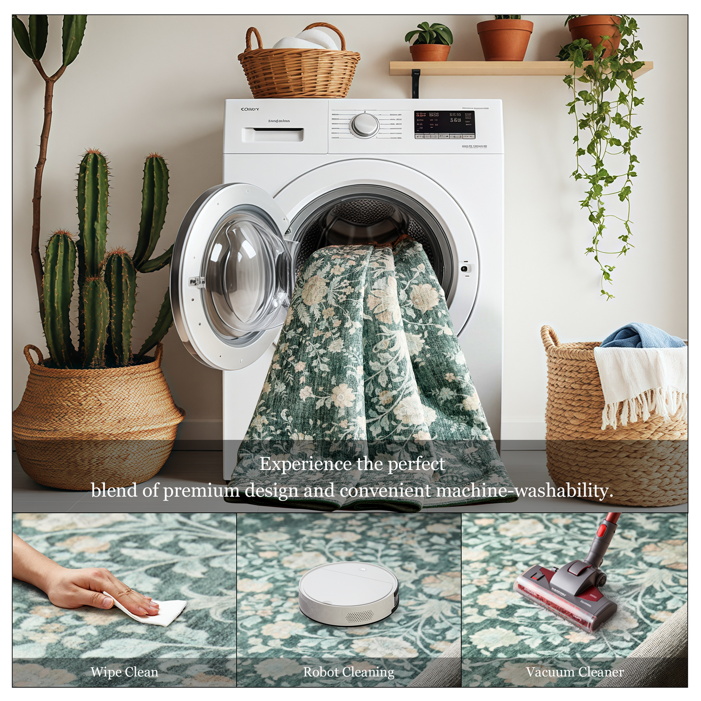 CHITOOMA 5'x7' Boho Area Rugs for Living Room, Machine Washable Stain Resistant Non-Shed Carpet, Floral Area Rug with Non-Slip Backing for Bedroom, Dining Room, Dorm, Office