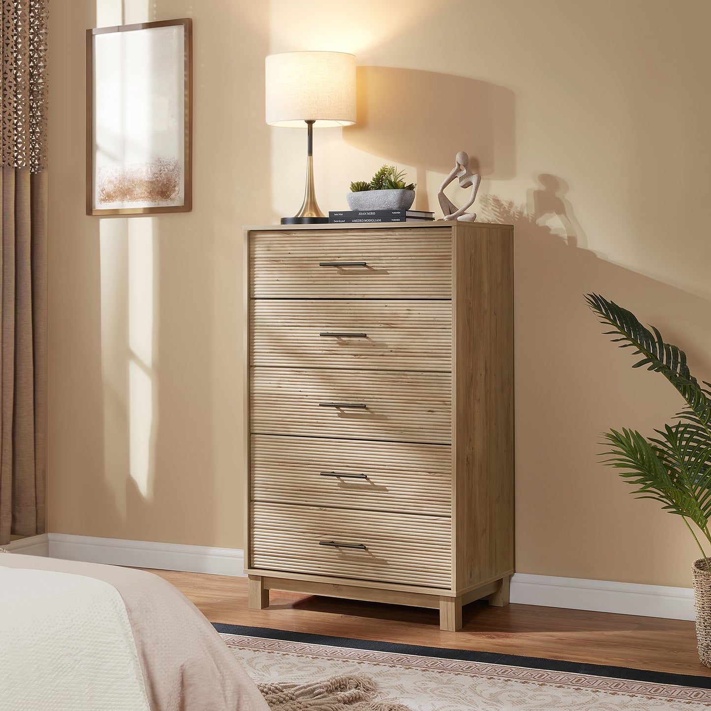 CHITOOMA Fluted Dresser for Bedroom, Modern Wooden 5 Drawer Tall Dresser, Chest of Drawers, Storage Cabine Living Room Hallway, Natural