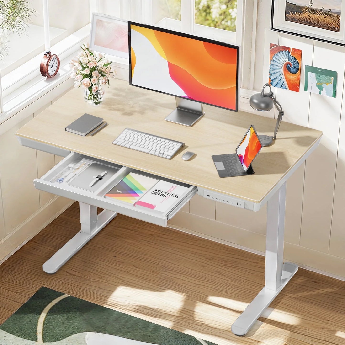 CHITOOMA One Piece Electric Standing Desk with Drawer, 48" x 24" Maple Wood-top Height Adjustable Office Desk with USB Charging Ports, Sit to Stand Desk for Home