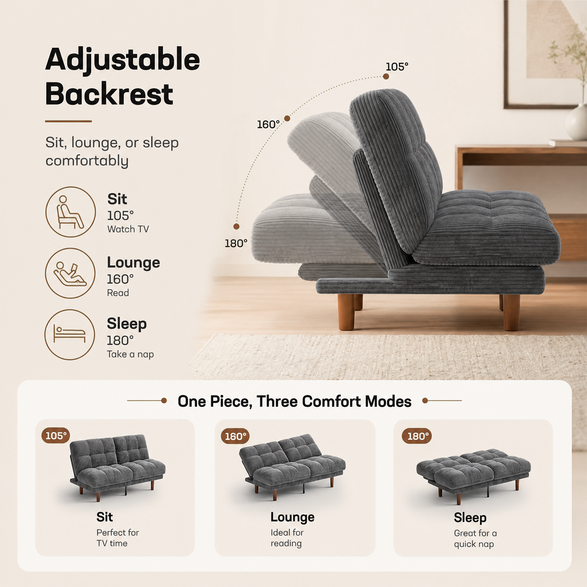 CHITOOMA 66" Futon Sofa Bed with Adjustable Backrest, Corduroy Convertible Futon Couch, Extra-Thick Cushion, Comfy Loveseat for Small Spaces, Apartment or Office, Gray