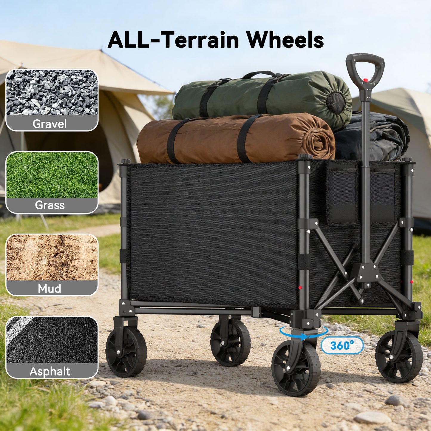 Foldable Wagon with Expandable Storage Space & Locking Front Wheels, Portable Collapsible Wagon Cart with 2 Cup Holder for Groceries, Camping, Shopping, Garden, Beach