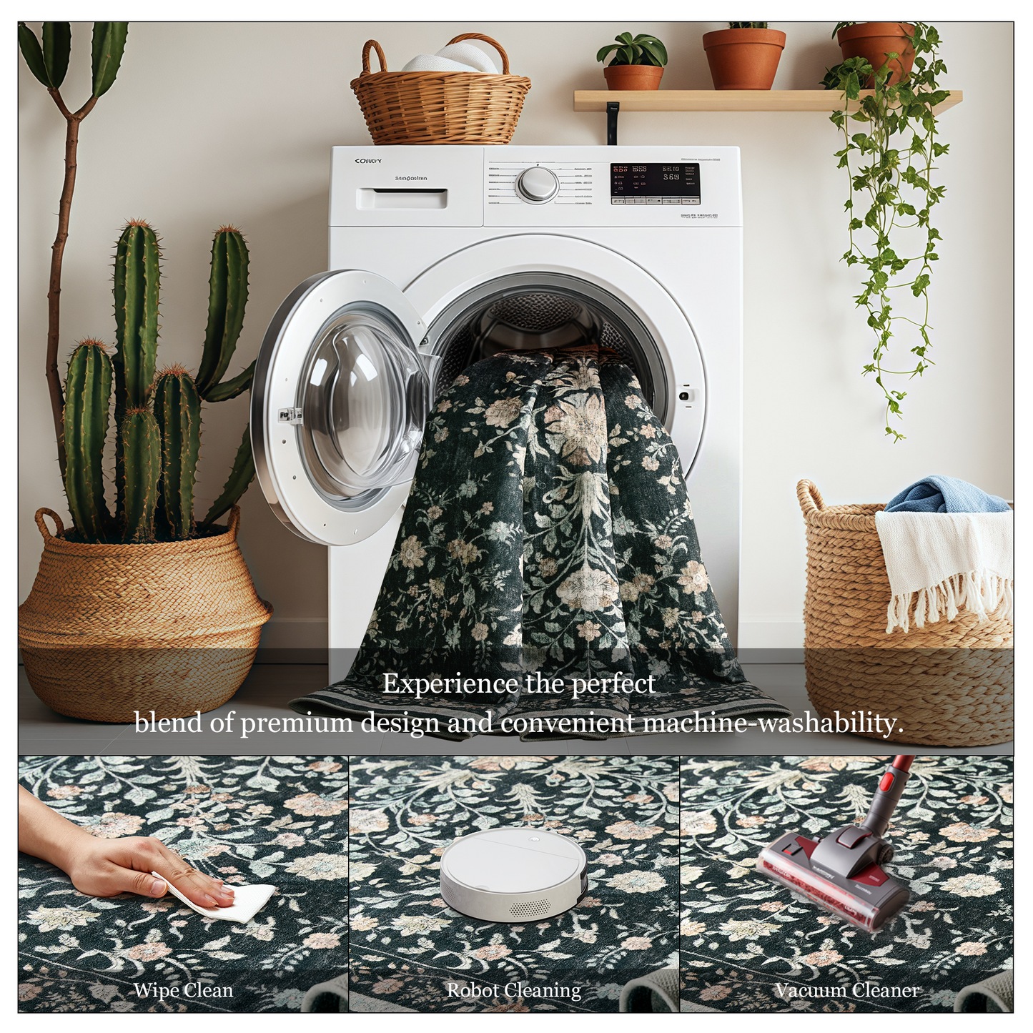 CHITOOMA 2.6'x8' Boho Runner Rug for Hallway, Machine Washable Stain Resistant Non-Shed Carpet, Floral Runner Rug with Non-Slip Backing for Kitchen, Entryway, Bedroom, Laundry, Bathroom