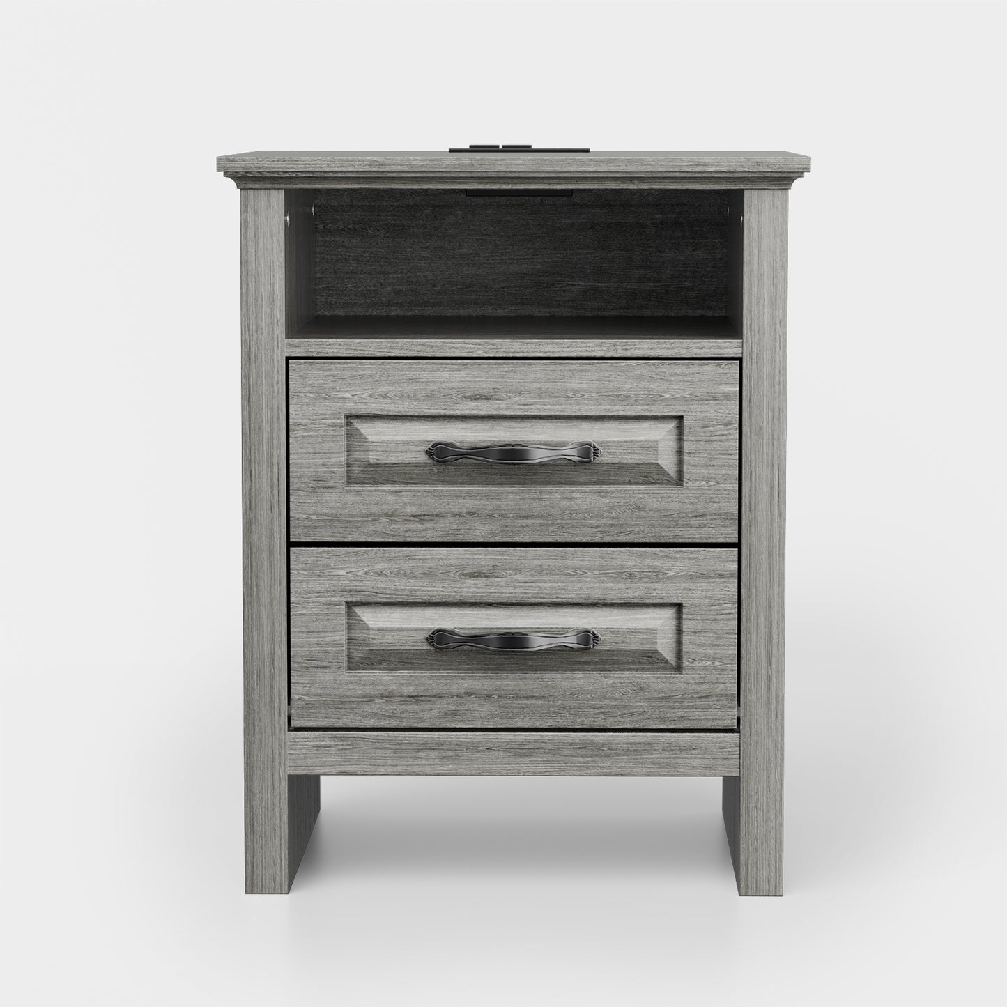 CHITOOMA 2-Drawer Nightstand with Charging Station, Wood Bedside Table with Open Shelf, Small End Table for Bedroom Living Room, Gray