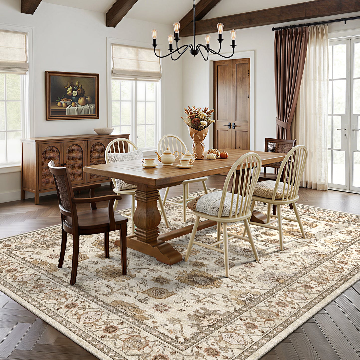 CHITOOMA 8'x10' Area Rugs for Living Room, Boho Machine Washable Floral Area Rug with Non-Slip Backing, Stain Resistant Non-Shed Carpet for Bedroom, Dining Room, Dorm, Office