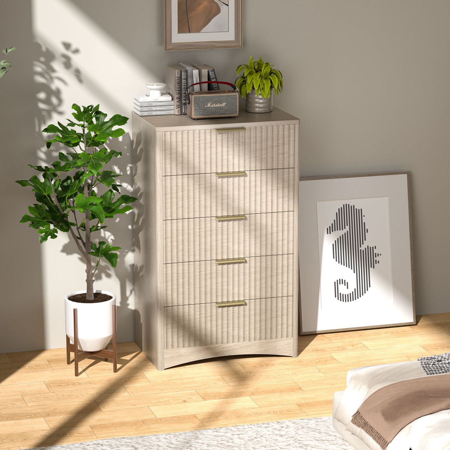 CHITOOMA Modern 5 Drawer Dresser for Bedroom, Fluted Wood Chest of Drawers with Gold Handles, Tall Storage Cabinet for Living Room, Natural