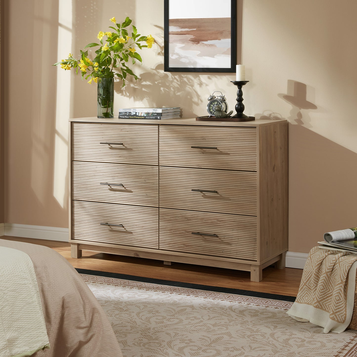 CHITOOMA 6 Drawer Fluted Dresser for Bedroom, Modern Wooden Long Dresser, Storage Cabine Chest of Drawers for Living Room Hallway, Natural