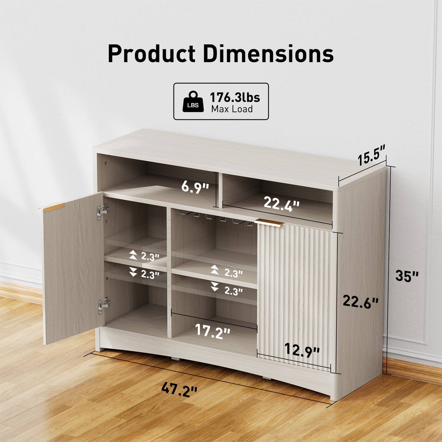 CHITOOMA Modern Coffee Bar Cabinet with Wine Glass Rack, Fluted Buffet Sideboard with Adjustable Storage Shelves and Doors, Liquor Bar Table for Dining Room or Living Room, Gray