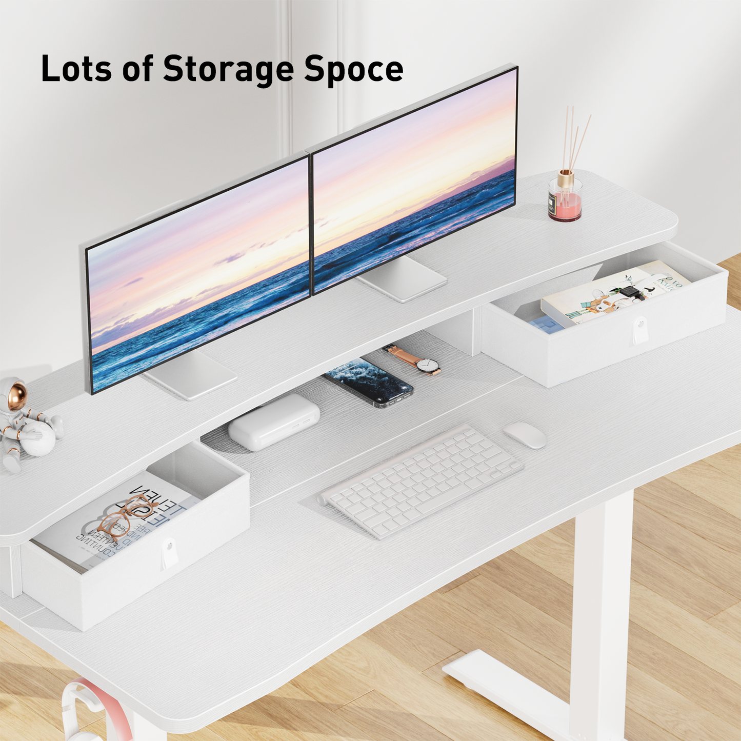 CHITOOMA 48″ x 24″ Electric Standing Desk with 2 Drawers, C-Clamp Mount Compatible, Height Adjustable Computer Desk, Home Office Stand Up Desk with 4 Preset Heights & 2 Hooks, White