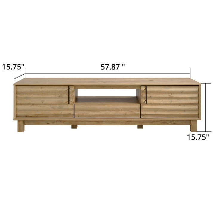 Mid-Century Modern TV Stand for 70" TVs, Wood TV Console with Reeded 2-Door for Living Room, Nature