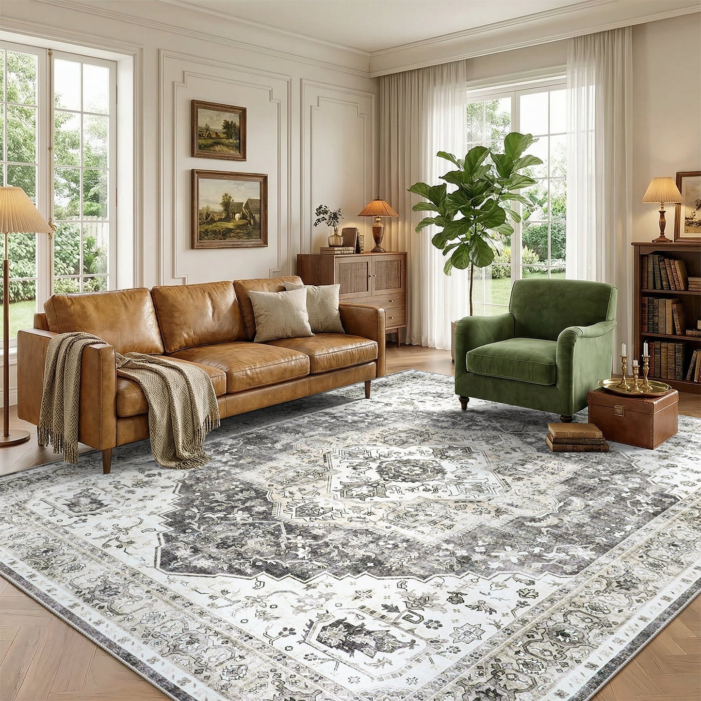 CHITOOMA 5'x7' Machine-washable Area Rugs for Living Room, Stain Resistant Non-Shed Carpet, Boho Area Rugs with Non-Slip Backing for Bedroom, Dining Room, Dorm, Office